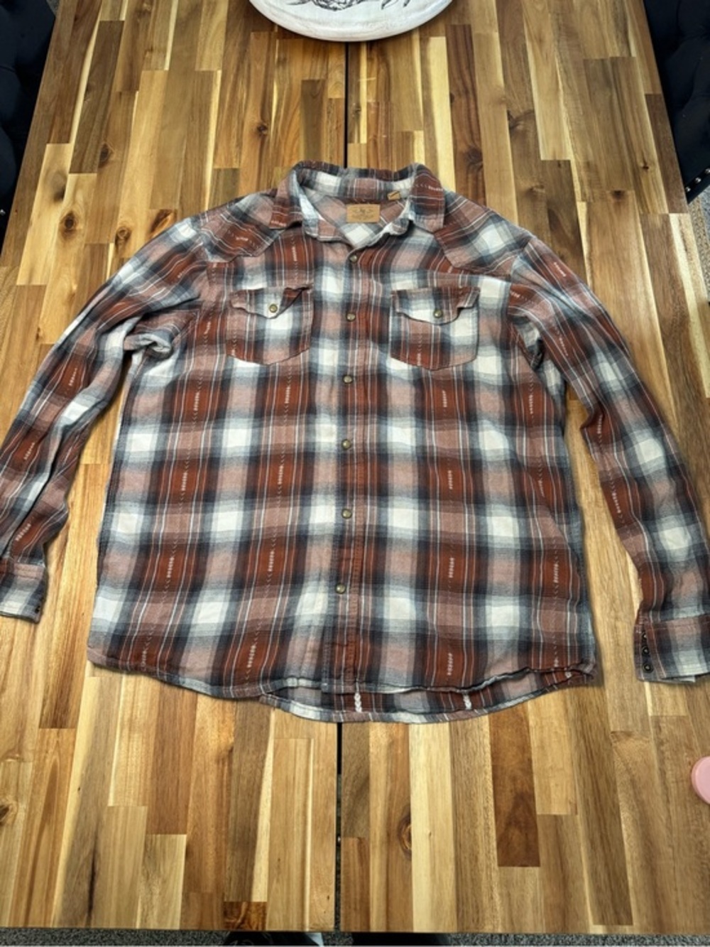 Ruff Hewn Men’s Large Brown Plaid Western Snap Button Shirt